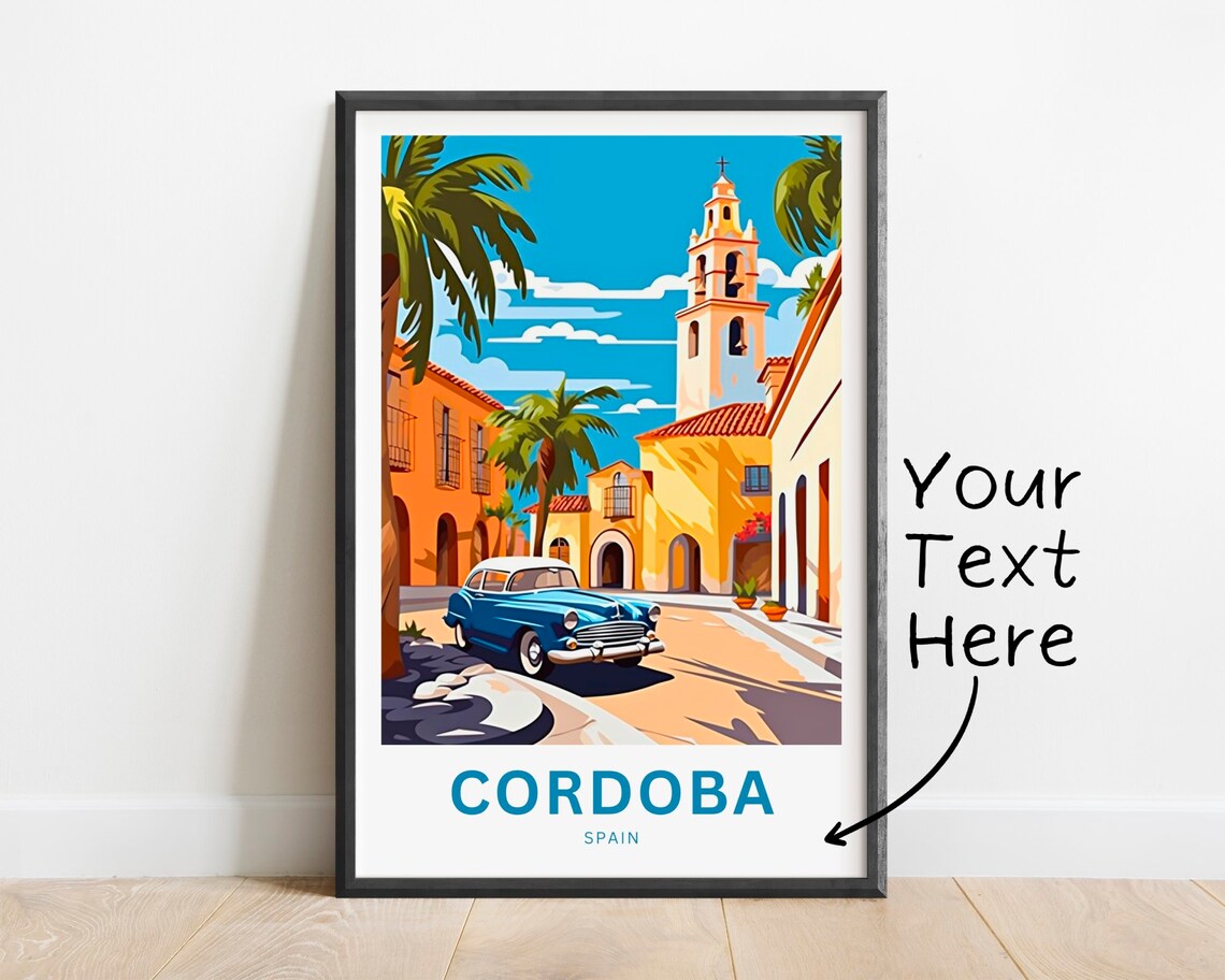 Cordoba Spain Bell Tower Blue Classic Car Custom Travel Poster