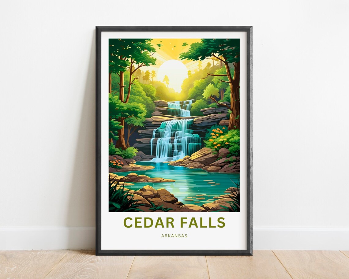 Cedar Falls Arkansas Golden Sunset Falls Forest Travel Poster