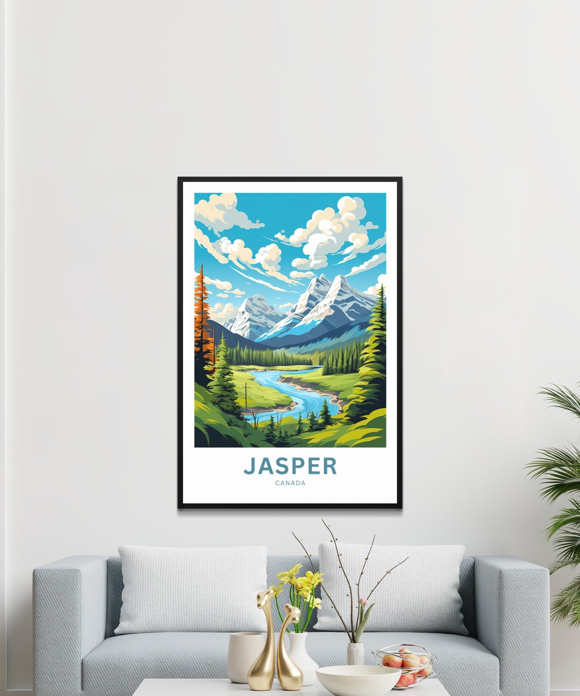 Jasper Canada Rocky Mountain River Valley Snow Peaks Scene Poster - Image 2