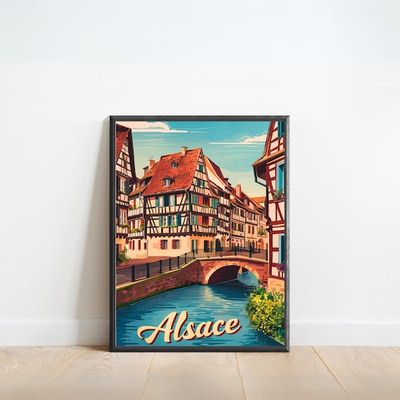 Alsace France Vintage Travel Half Timbered Village Canal Art Poster