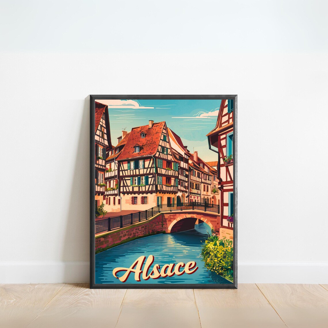 Alsace France Vintage Travel Half Timbered Village Canal Art Poster