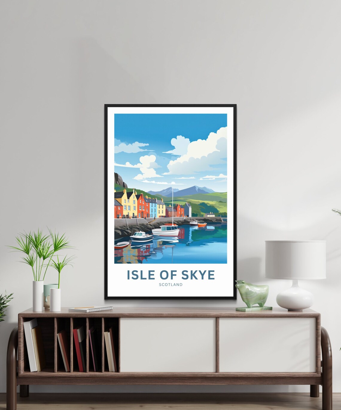 Isle of Skye Scotland Colorful Harbor Boats Mountain View Poster - Image 2