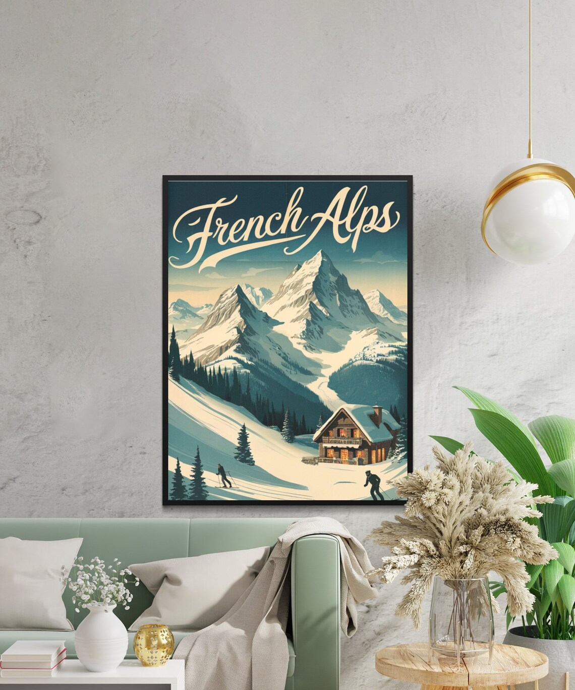 French Alps Vintage Travel Poster with Ski Chalet and Snowcapped Peaks - Image 2