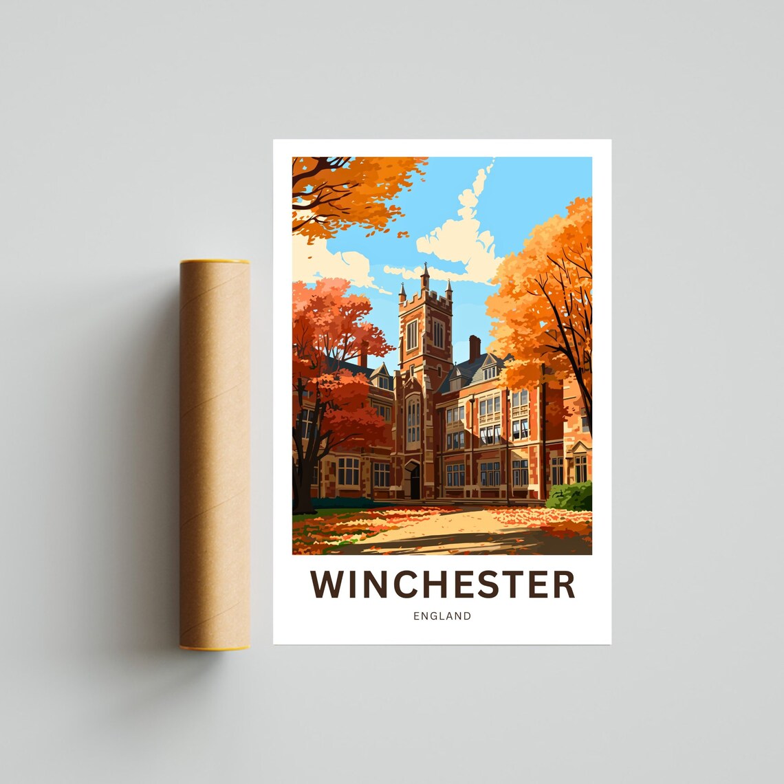 Winchester England Historic Red Brick Tower Autumn Trees Poster - Image 4