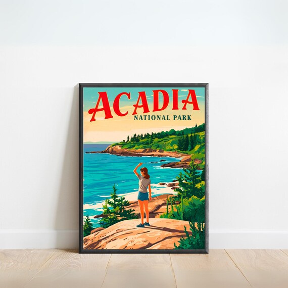 Acadia National Park Maine Rocky Coast Hiker Sunset Travel Poster