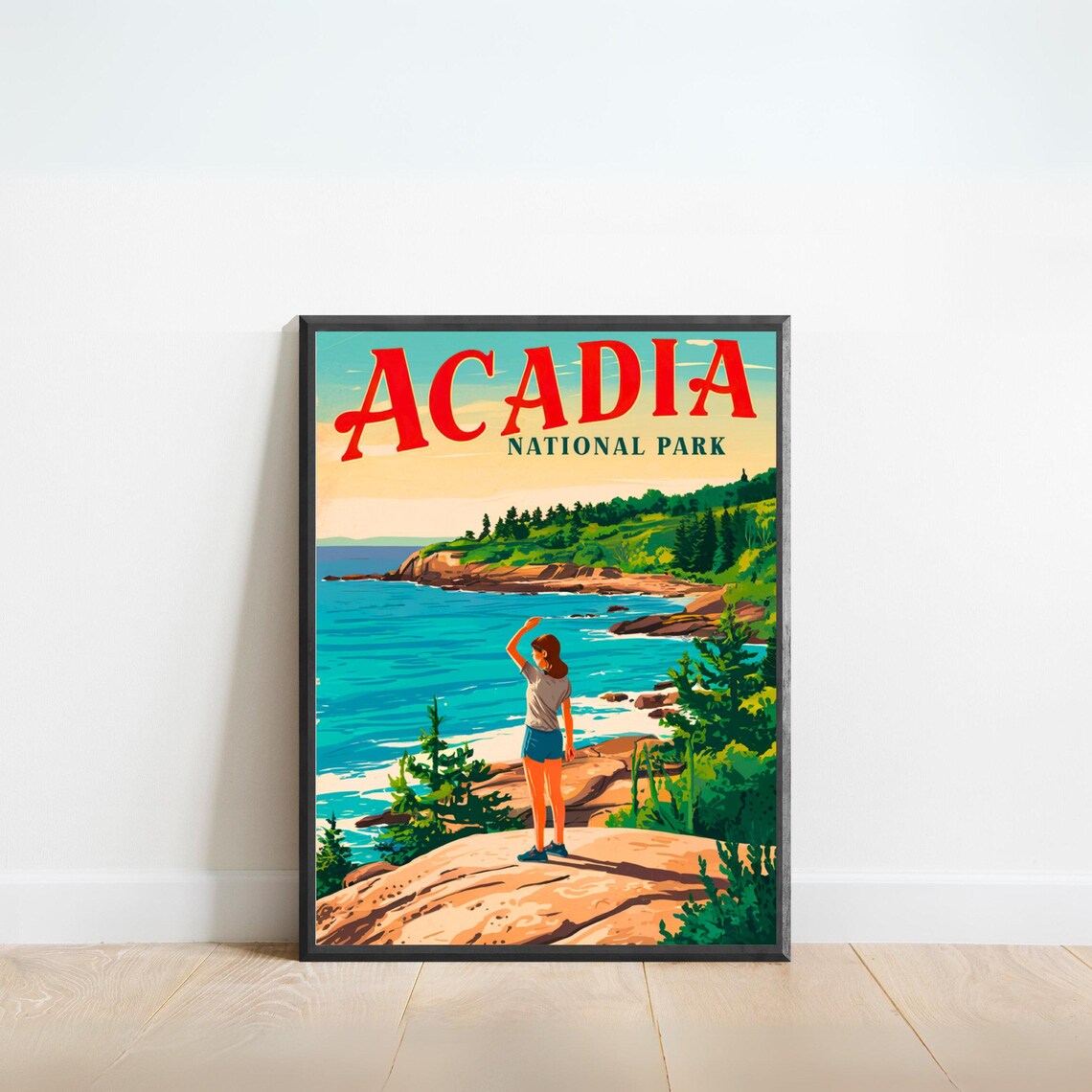 Acadia National Park Maine Rocky Coast Hiker Sunset Travel Poster