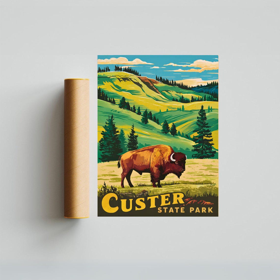 Custer State Park Vintage Wildlife Poster Bison Rolling Green Hills - Image 4