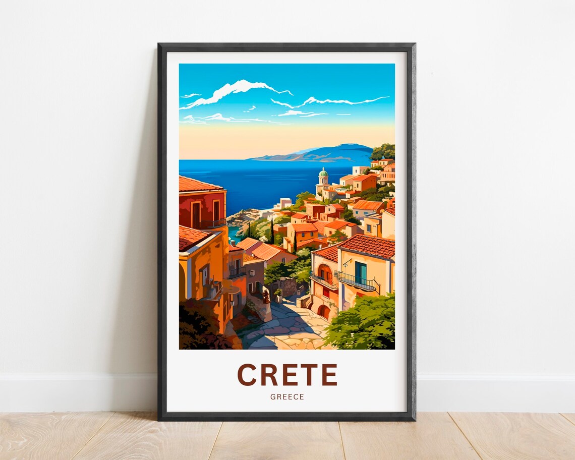 Crete Greece Old Village Street Stone Houses Sea Travel Poster