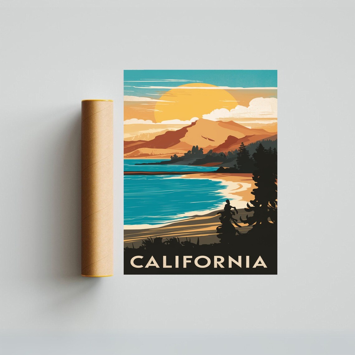 California Mountain Lake Sunset Silhouette Vintage Travel Poster - Image 3