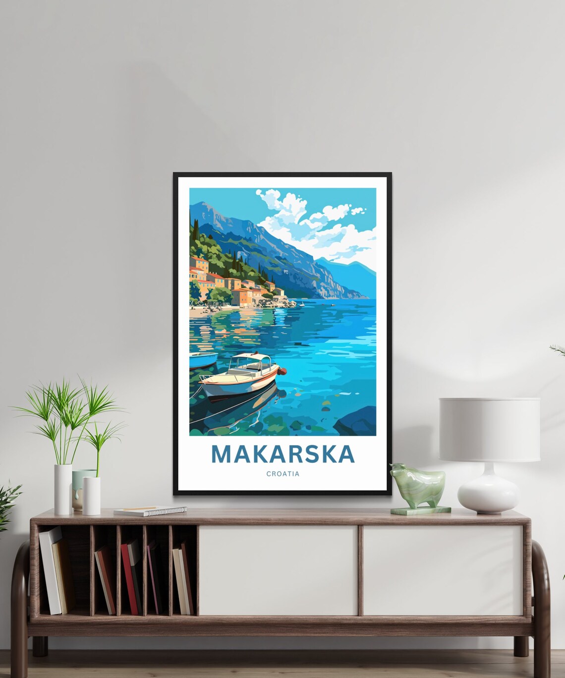 Makarska Croatia Harbor Boats Mountain Coast Scene Travel Poster - Image 2