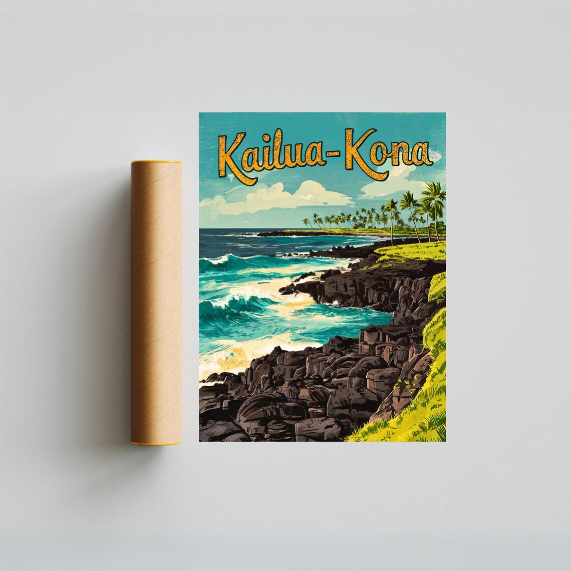 Kailua Kona Hawaii Vintage Lava Coast Palm Trees Travel Poster - Image 3