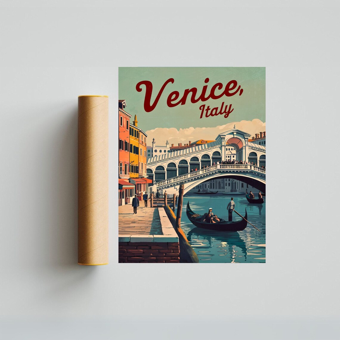 Venice Italy Rialto Bridge Gondolier Canal Sunset Retro Travel Poster - Image 3