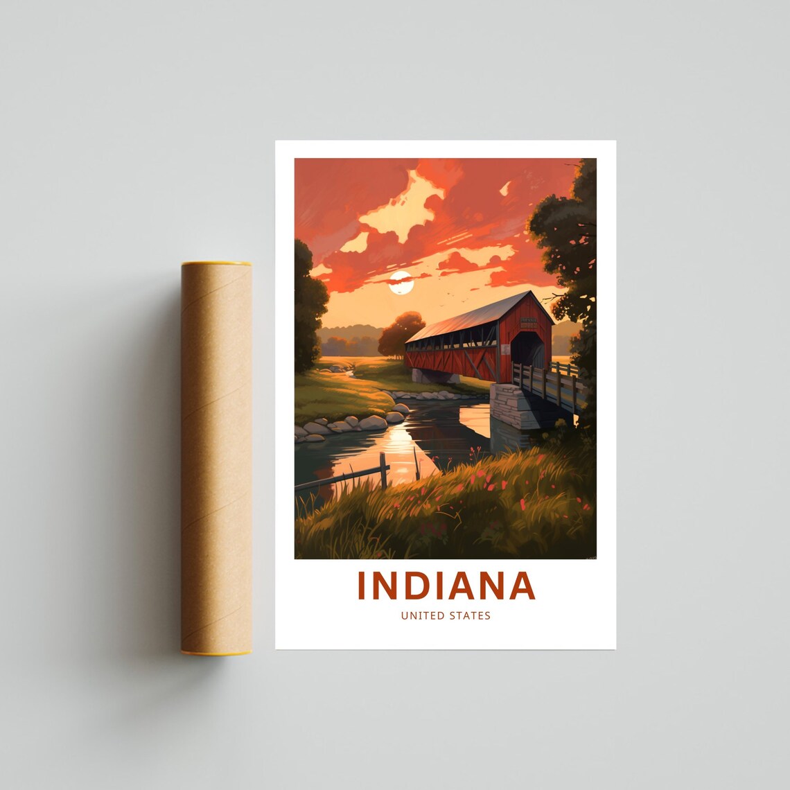 Indiana Covered Bridge Sunset Creek Vintage Travel Poster USA - Image 4