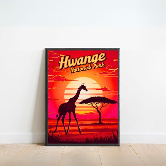 Hwange Vintage Travel Poster Hwange Print Zimbabwe Wall Art Framed Gift Zimbabwe Africa Present