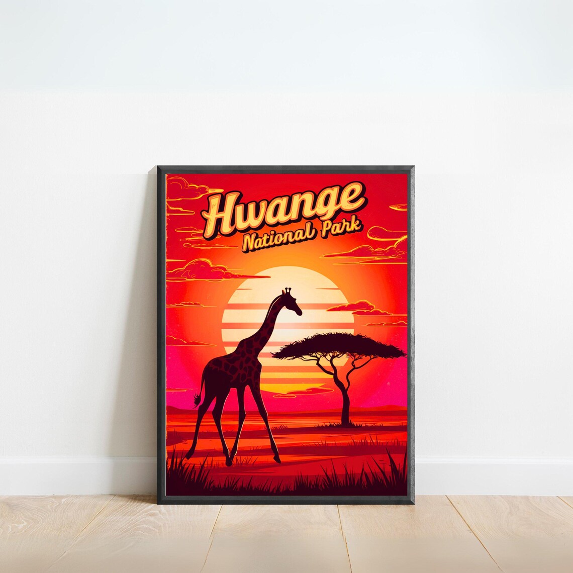 Hwange National Park Giraffe Sunset Acacia Africa Wildlife Poster