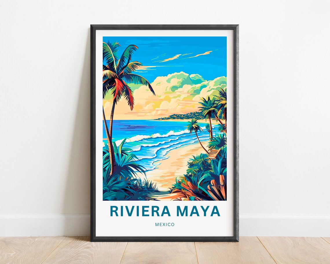 Riviera Maya Mexico Turquoise Surf Palm Beach Art Travel Poster