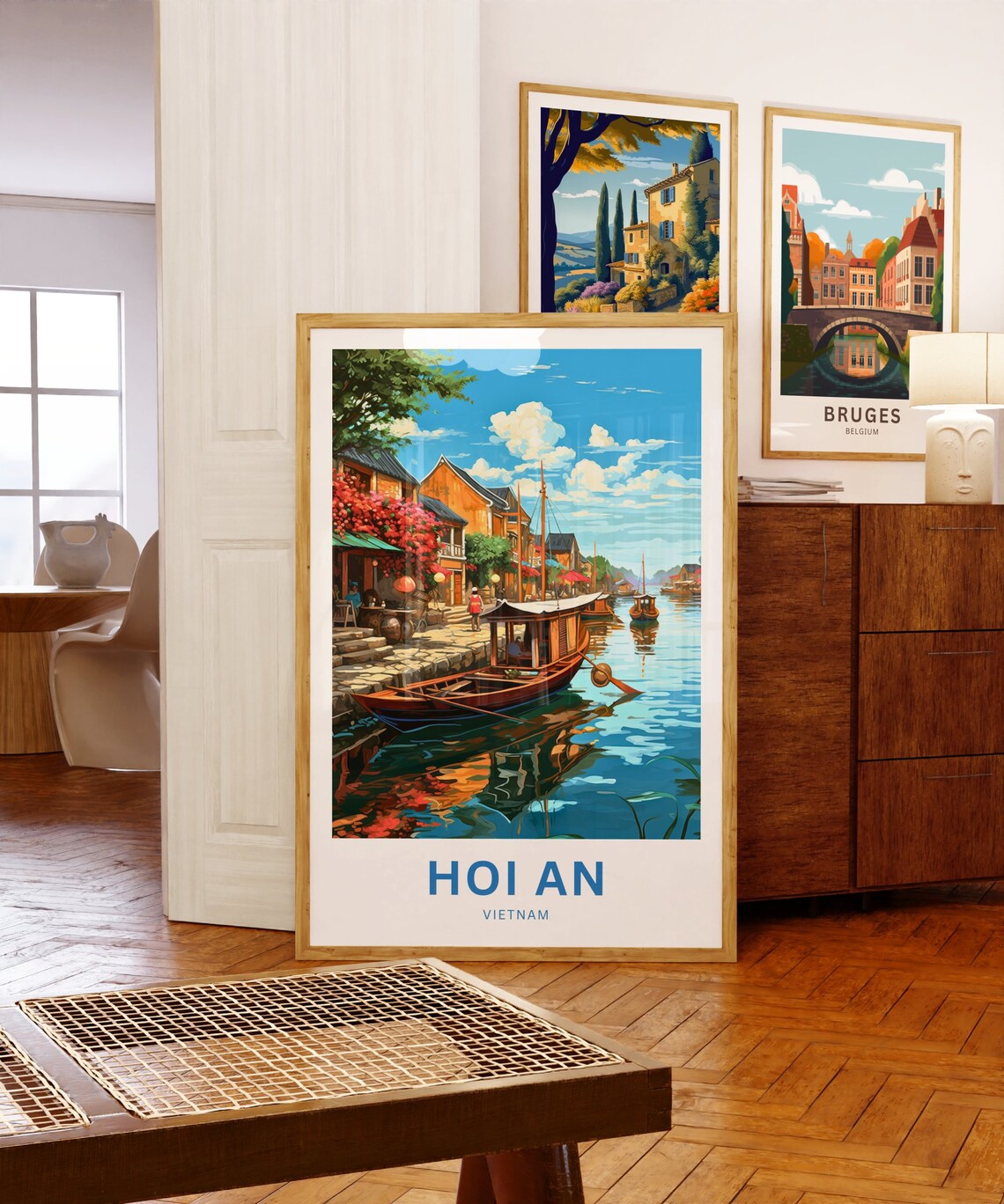 Hoi An Vietnam Travel Poster Wooden Boats Riverside Old Town Art - Image 5