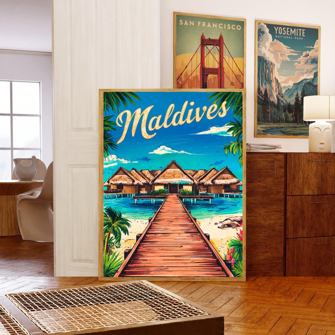 Maldives Overwater Bungalows and Wooden Jetty Retro Travel Poster - Image 5