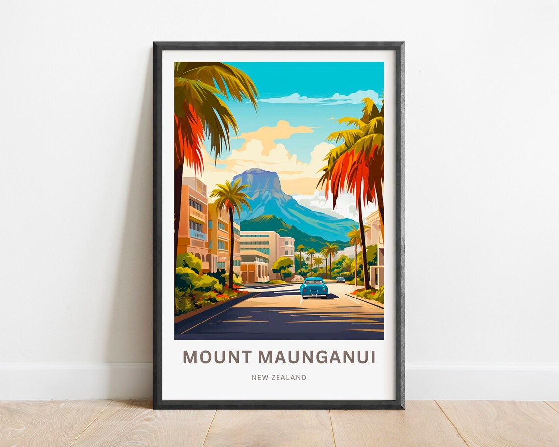 Mount Maunganui New Zealand Palm Avenue Mountain Scene Poster