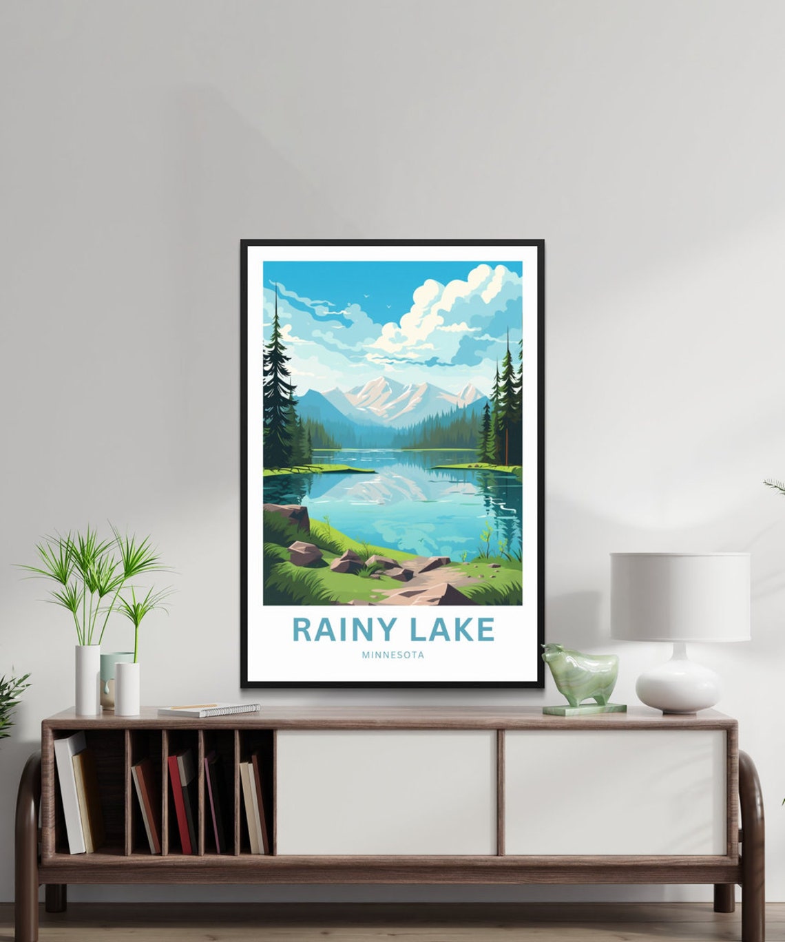 Rainy Lake Minnesota Mirror Lake Snow Peaks Pine Forest Poster - Image 2