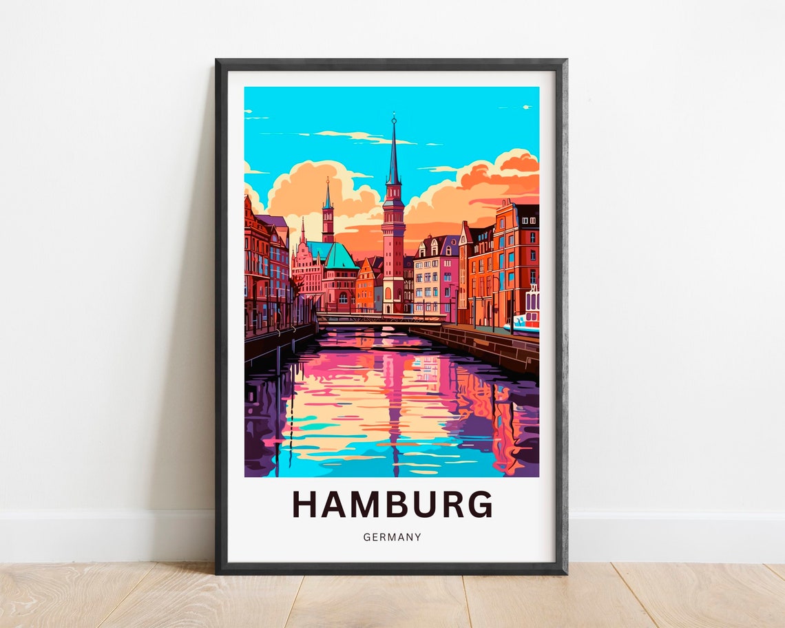 Hamburg Germany Sophisticated Canal Sunset Church Views Poster