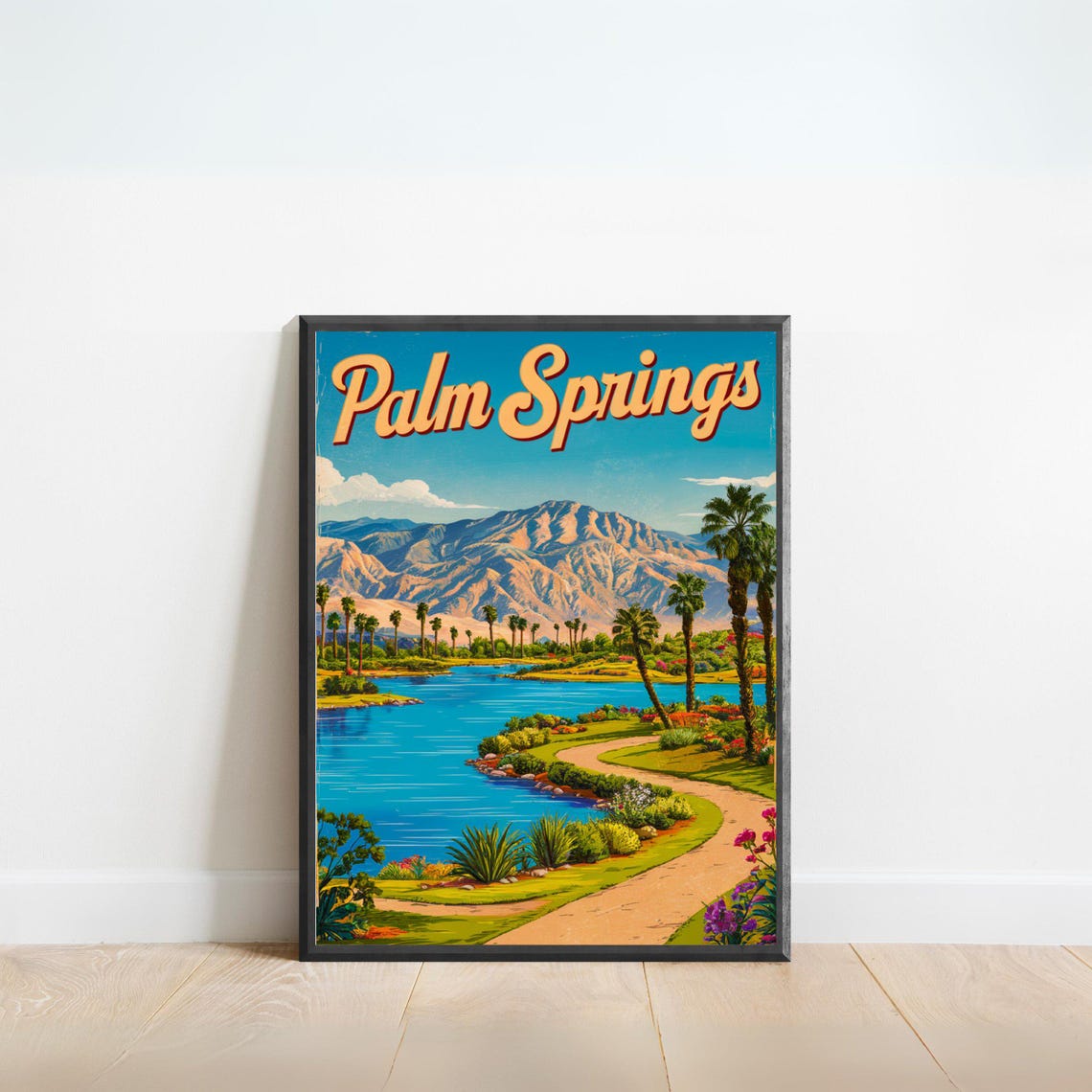 Palm Springs California Retro Desert Town Poster With Palm Tree Avenue
