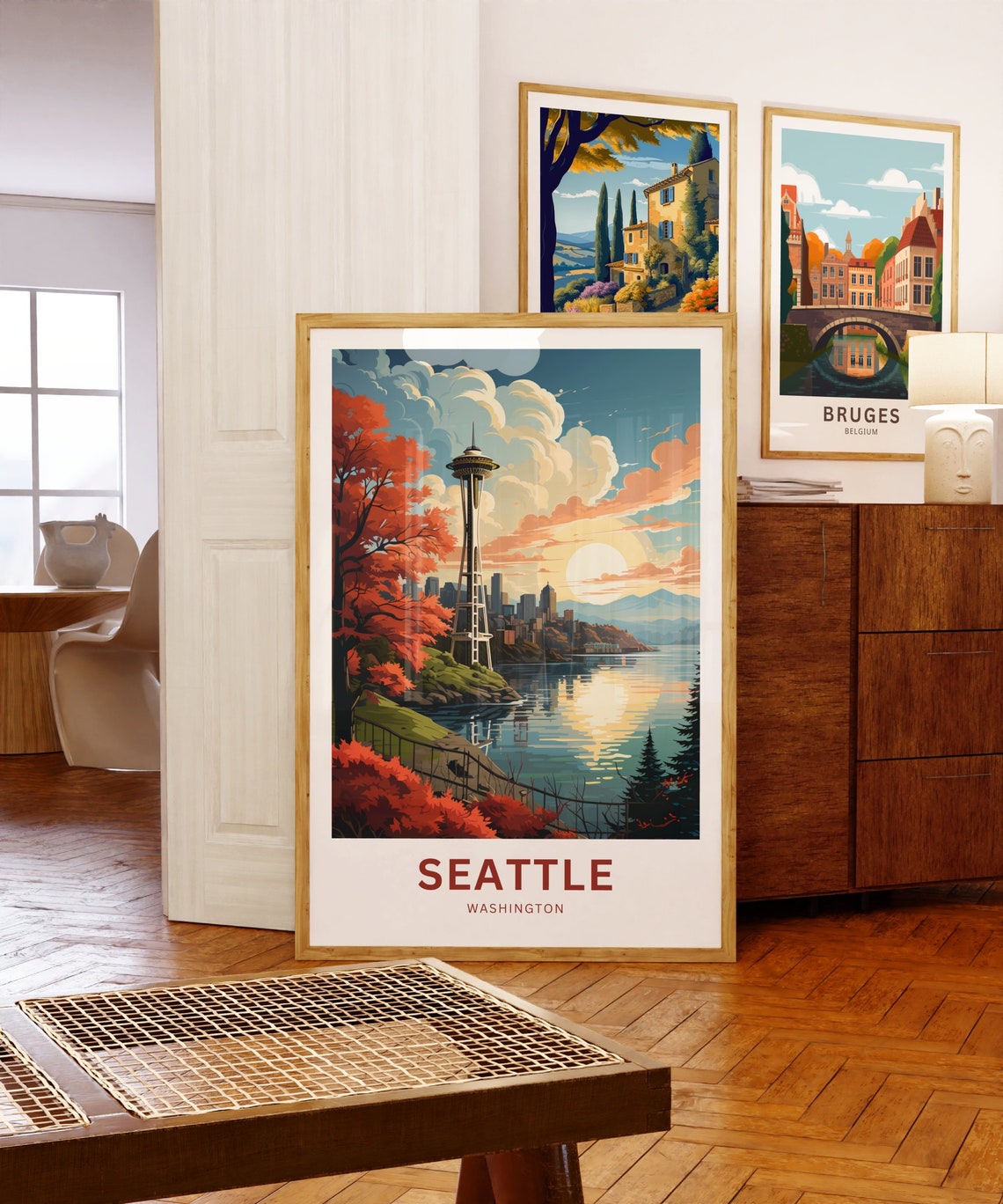 Seattle Washington Space Needle Sunset Skyline Fall Foliage Poster - Image 5
