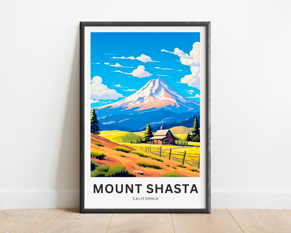 Mount Shasta California Snowy Peak and Red Barn in Meadow Poster