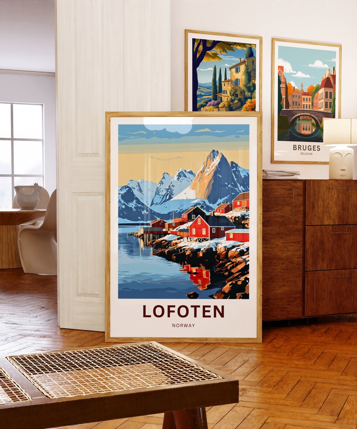 Lofoten Norway Custom Text Red Cabins Fjord Snowy Peaks Travel Poster - Image 5