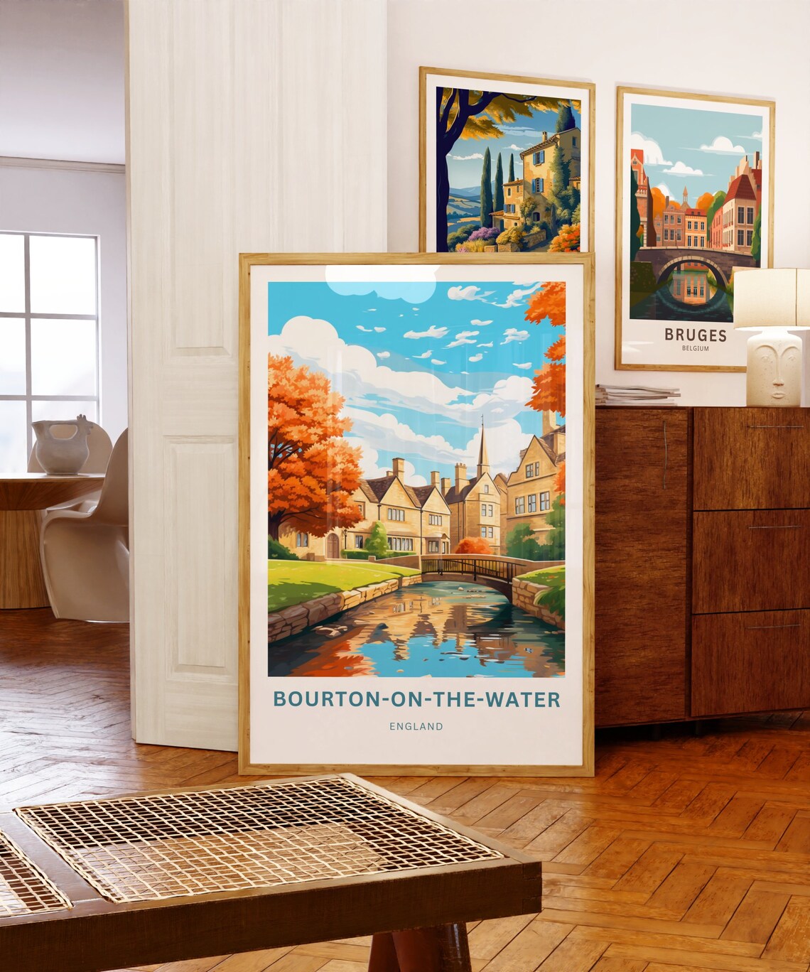 Bourton On The Water England Autumn Cottages Bridge Travel Poster - Image 3