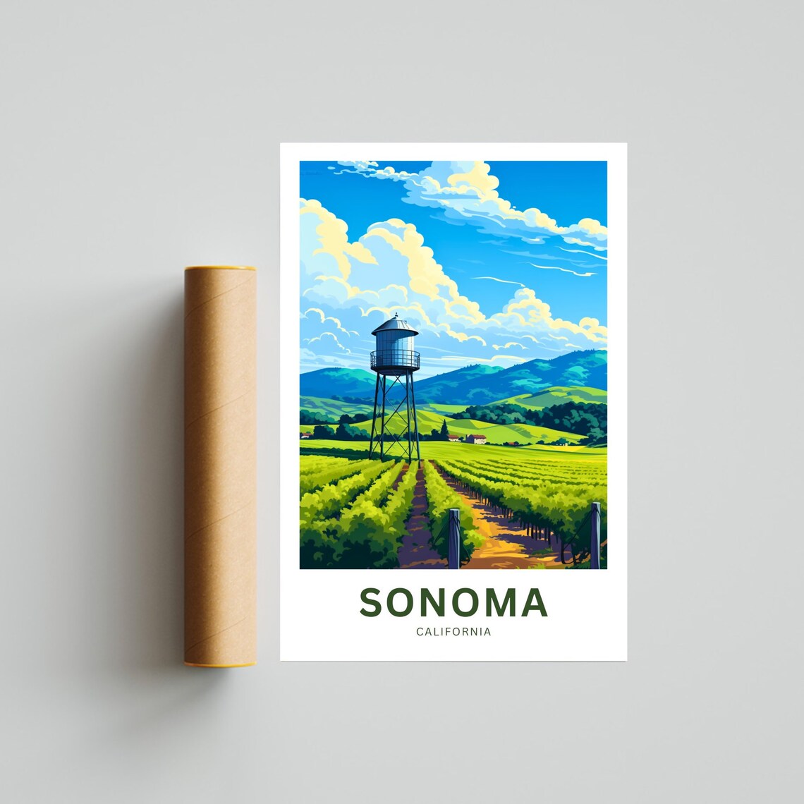 Sonoma California Vineyard Water Tower Sunny View Travel Poster - Image 4
