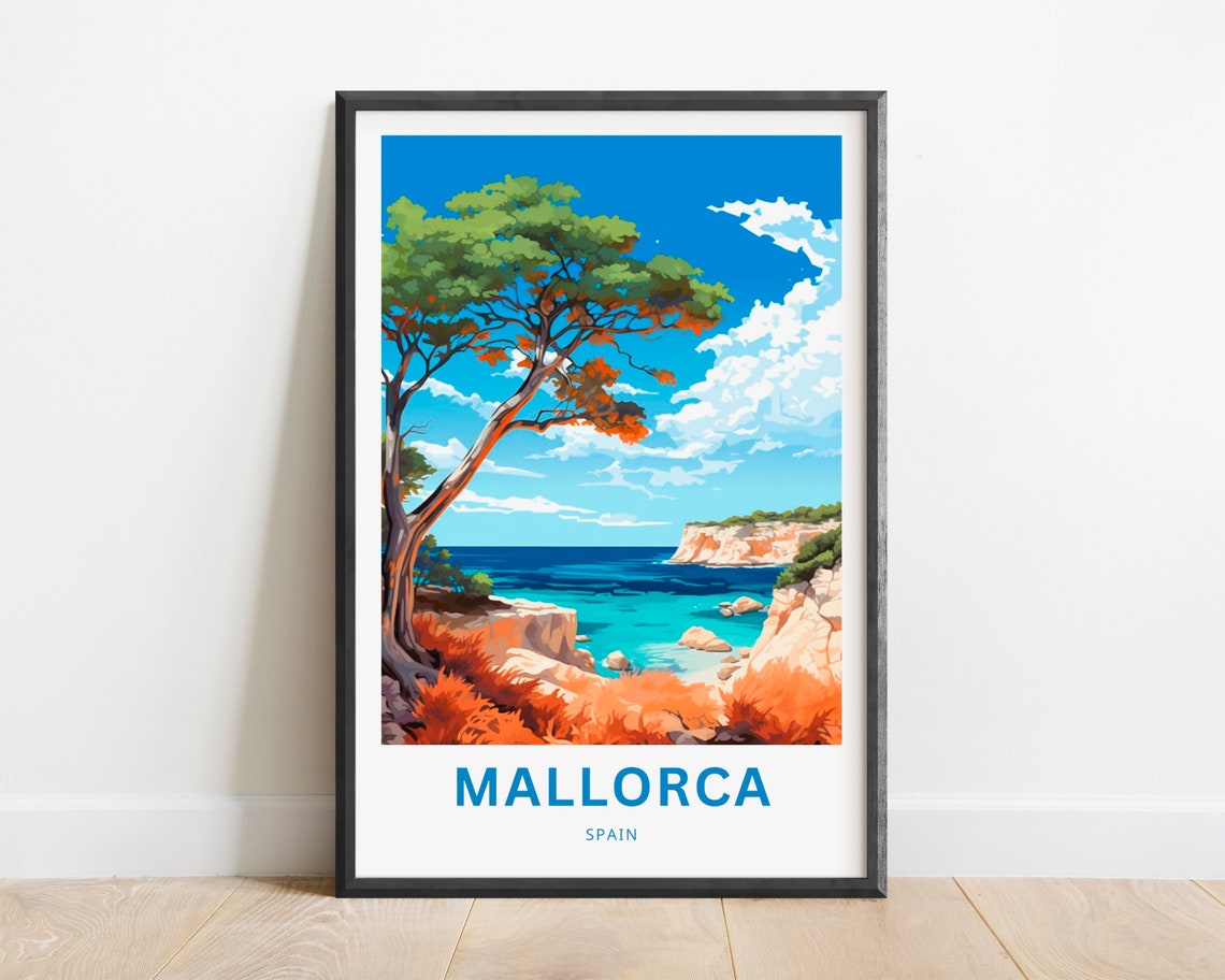 Mallorca Spain Turquoise Cove Pine Tree Cliffs Vintage Travel Poster