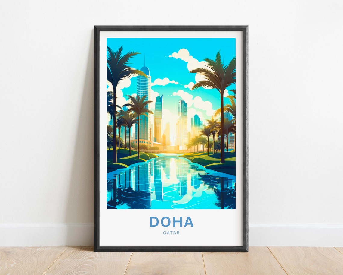 Modern Doha Qatar Skyline Palm Trees Waterfront Travel Poster