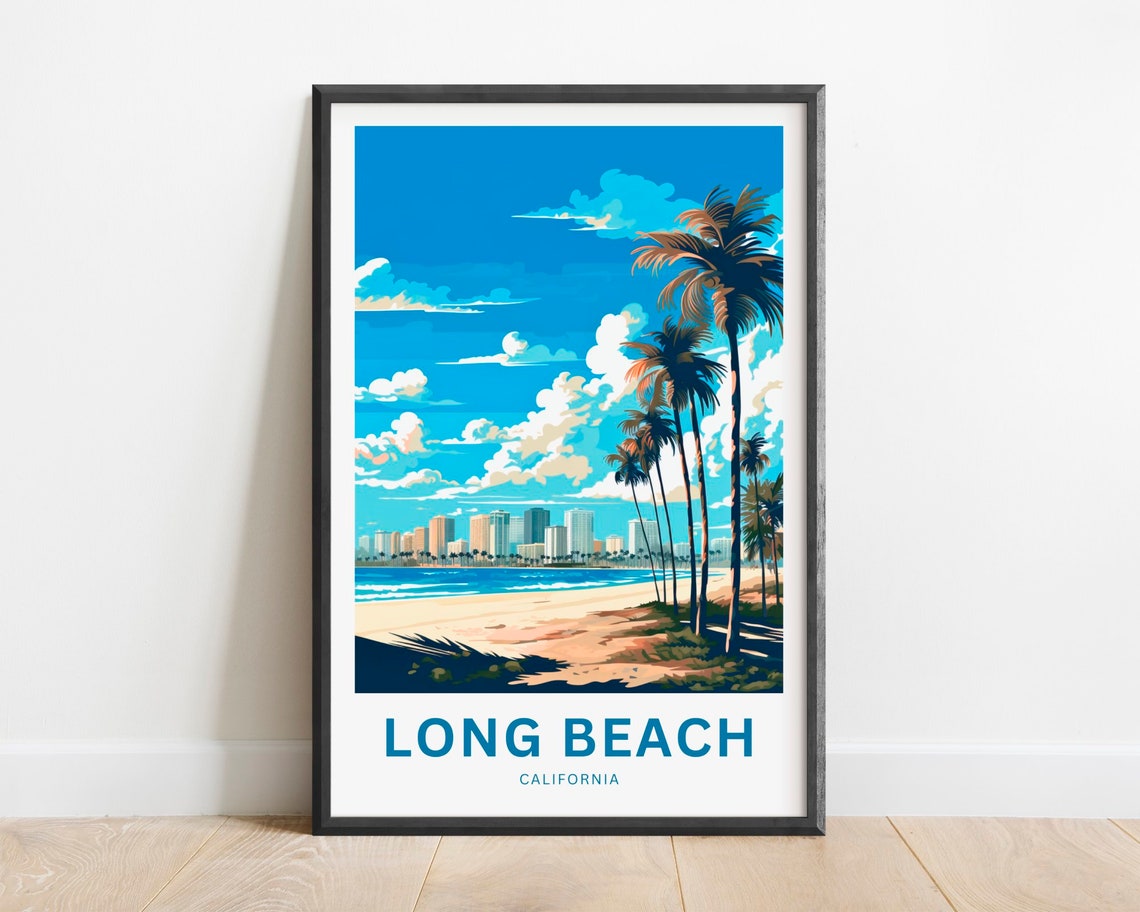 Long Beach California Palm Trees Oceanfront Skyline View Poster
