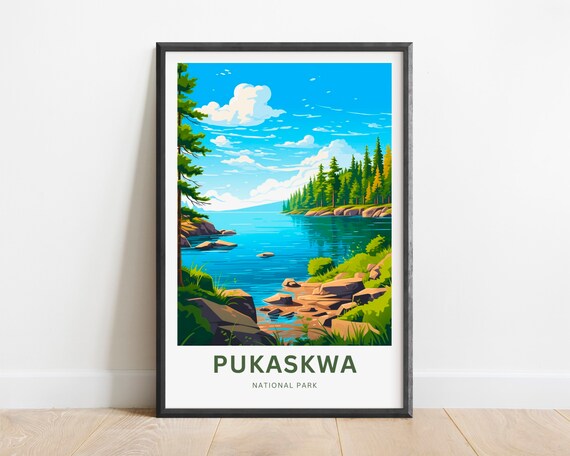 Pukaskwa National Park Blue Lake Cove Pine Shoreline Vintage Travel Poster