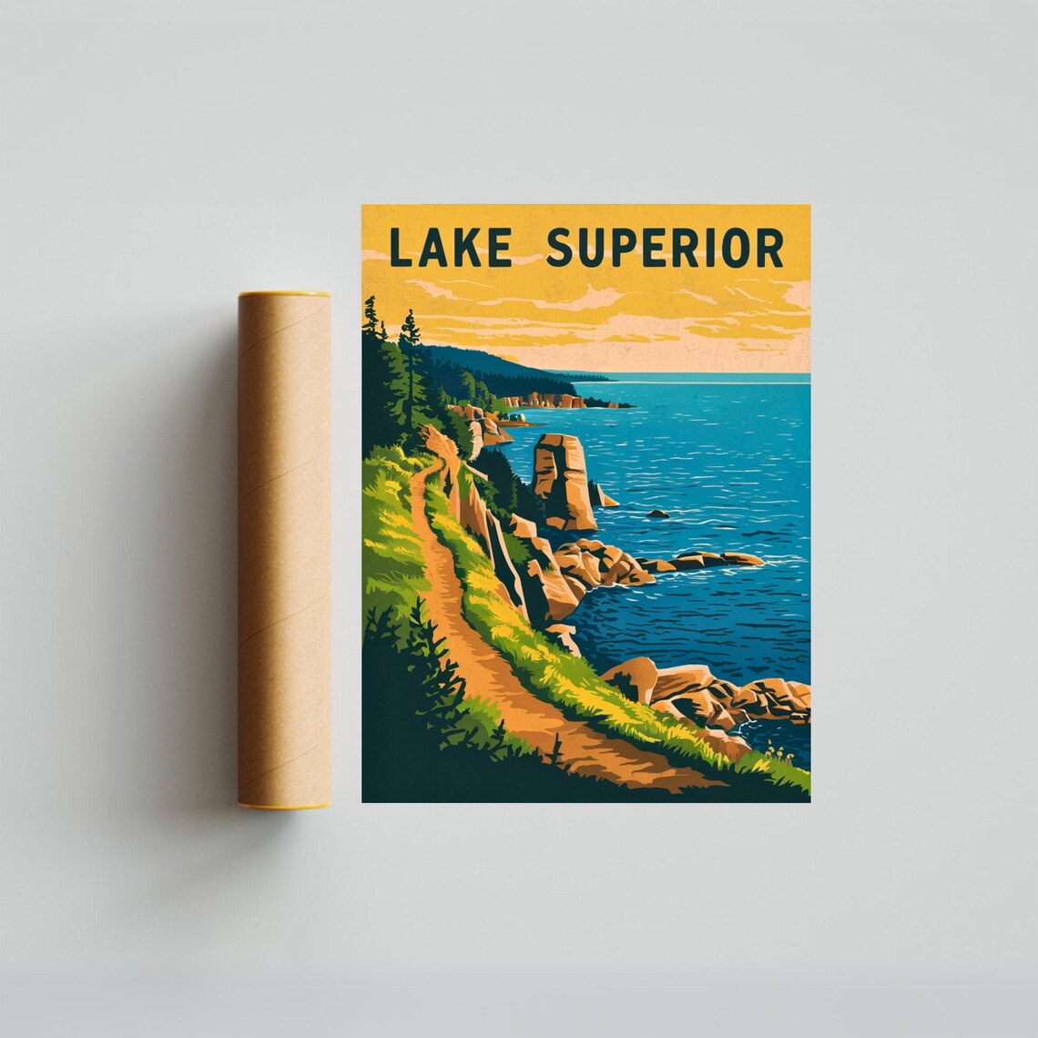 Lake Superior Vintage Rocky Coastline Trail Golden Sunset Poster - Image 4