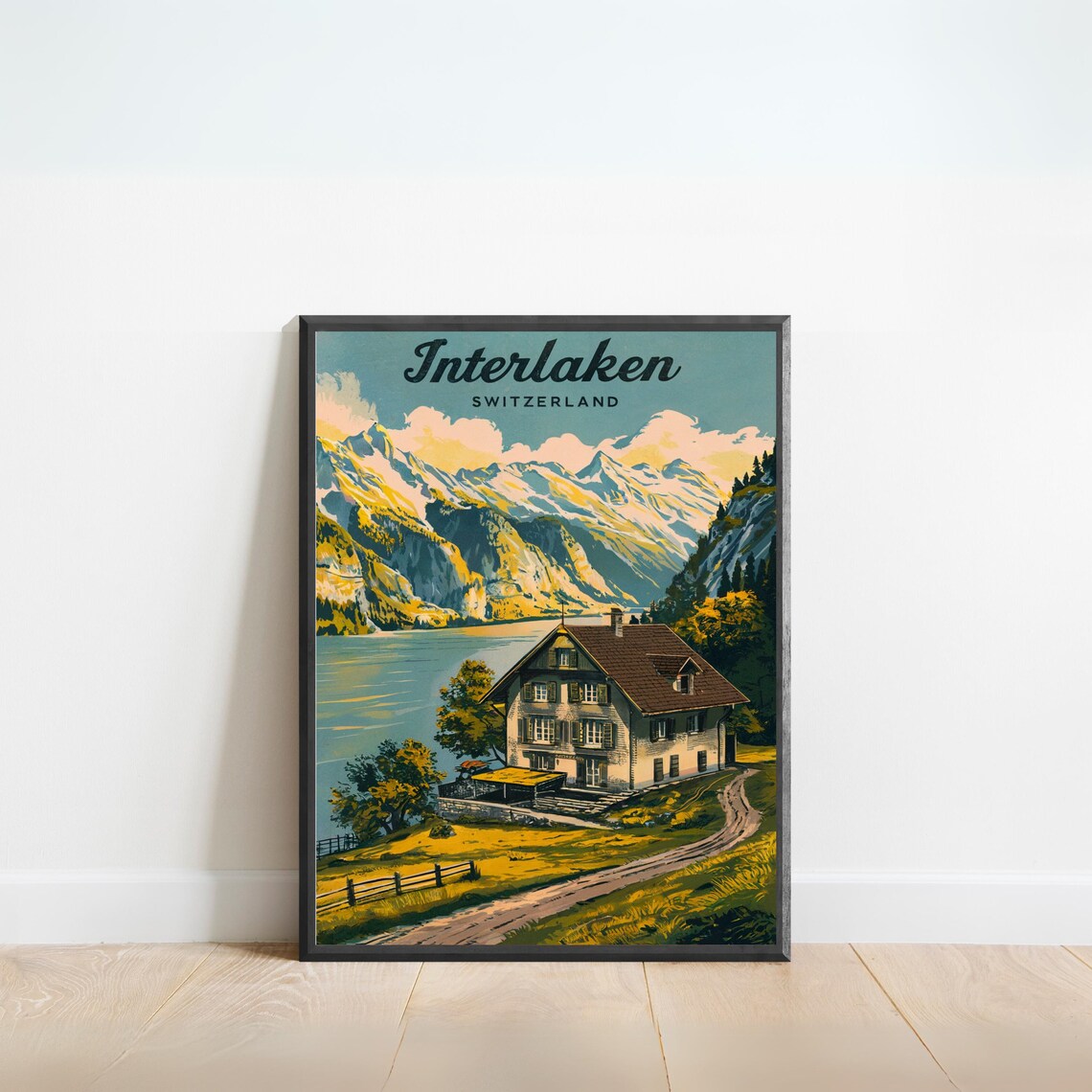 Interlaken Switzerland Lakeside Chalet Vintage Alpine Travel Poster
