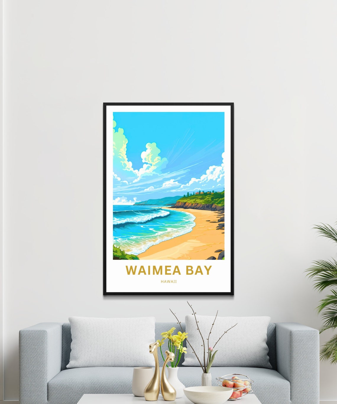 Waimea Bay Hawaii Golden Beach Waves Cliffs Scene Travel Poster - Image 3