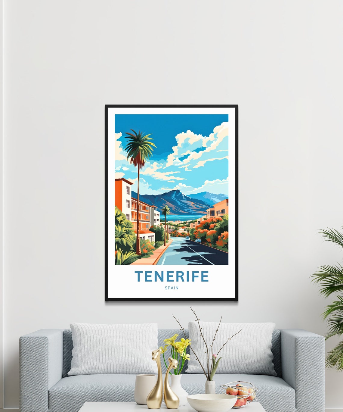 Tenerife Spain Palm Lined Street Mountain Coast Town Scene Poster - Image 3