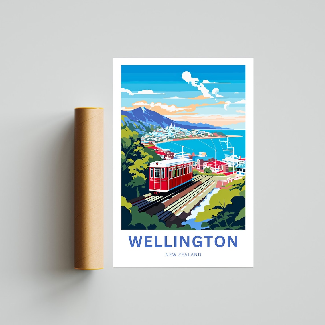 Wellington New Zealand Red Cable Car Harbor View Travel Poster - Image 4