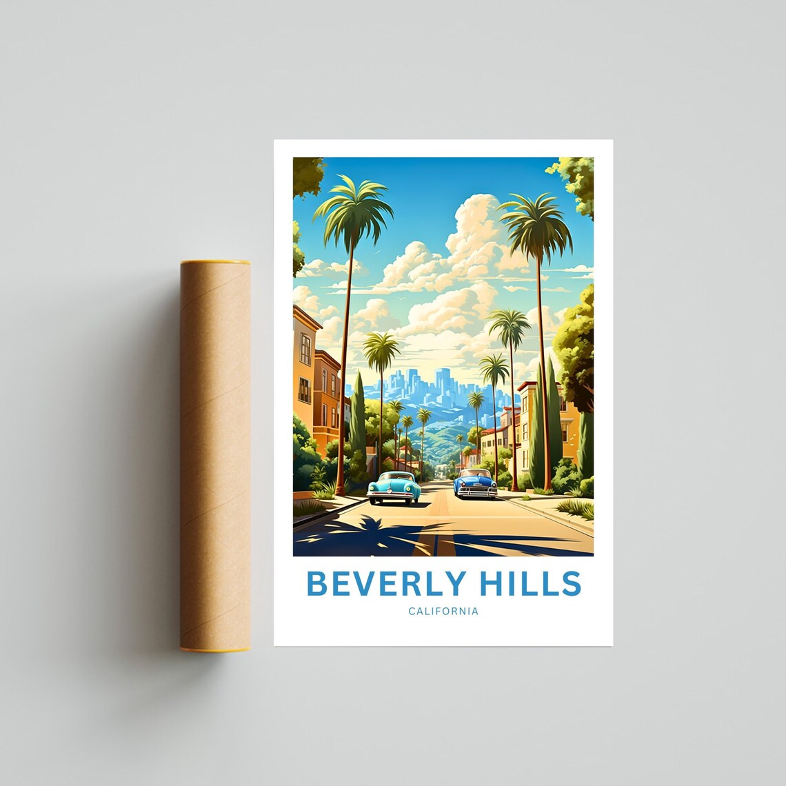 Beverly Hills Palm Street Classic Cars Skyline Vintage Travel Poster - Image 4