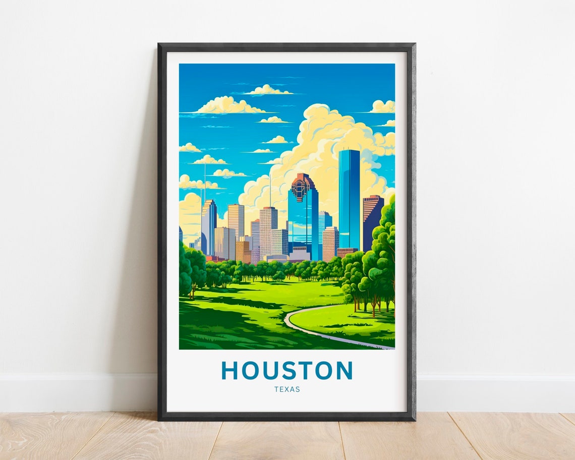 Houston Texas Downtown Skyline Park View Vintage Travel Poster