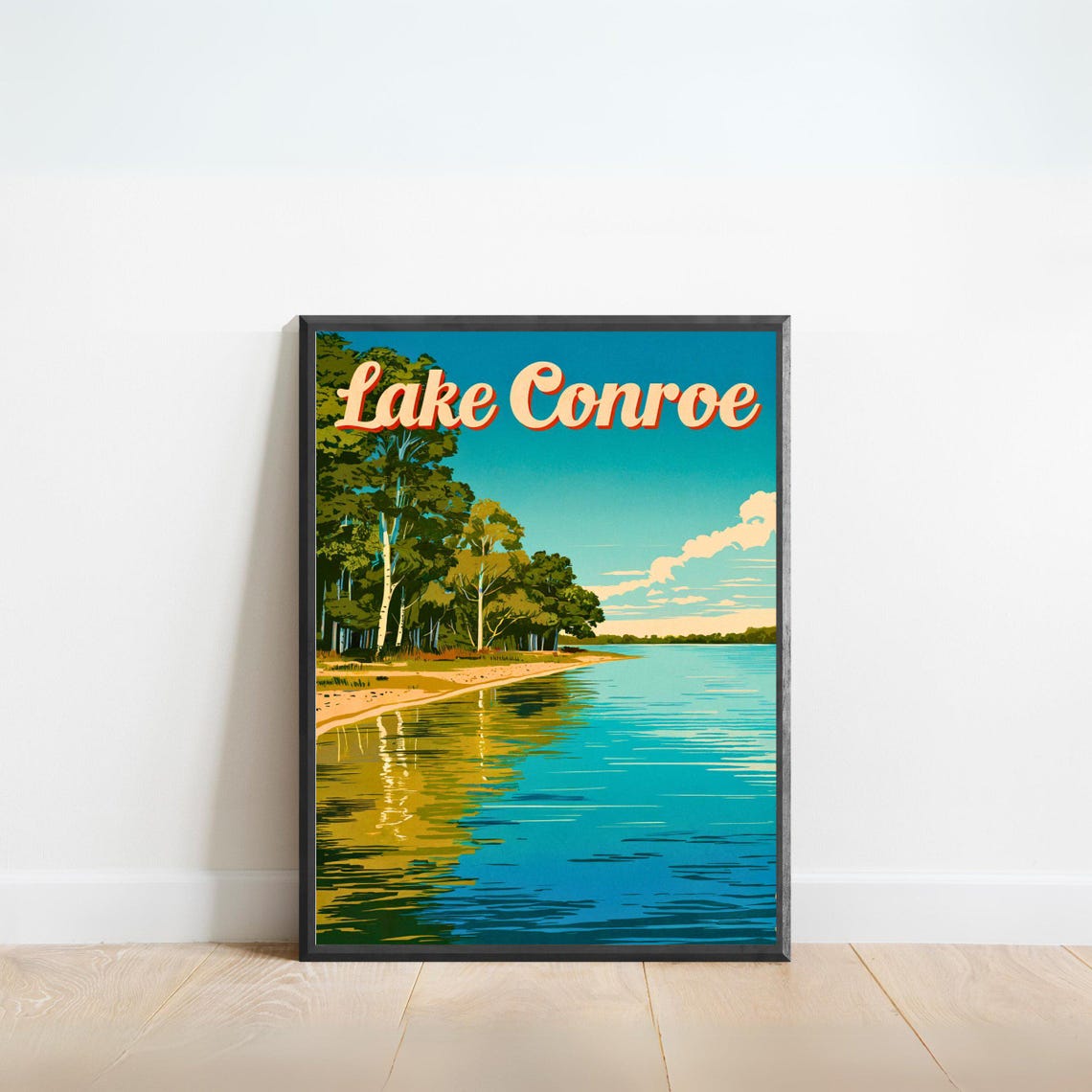 Lake Conroe Texas Travel Poster Pine Shoreline Reflection Lake Art