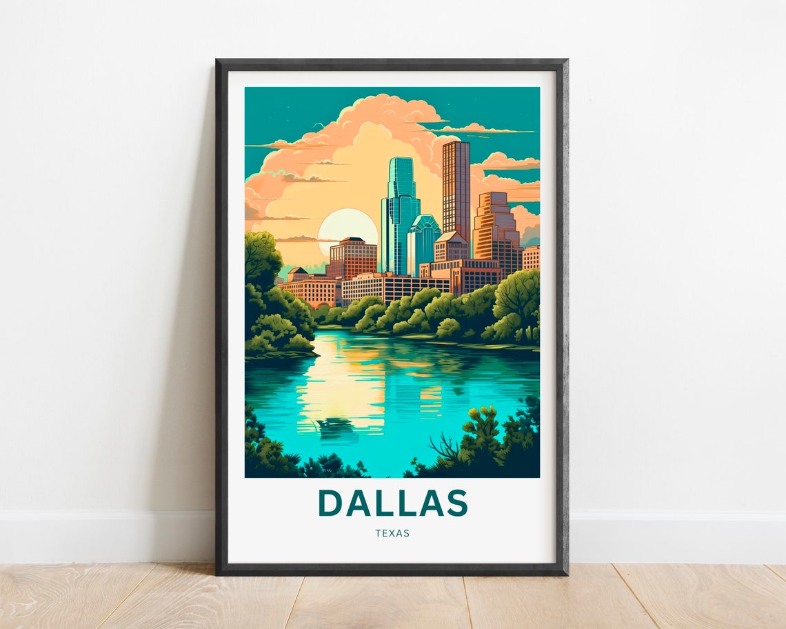 Dallas Texas Skyline River Sunset Golden Reflection Travel Poster