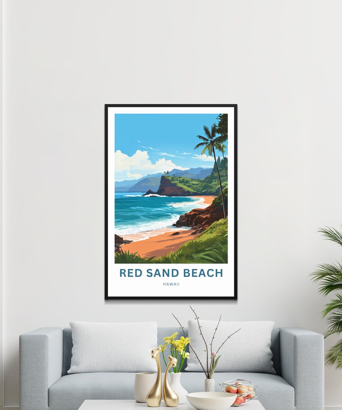 Red Sand Beach Hawaii Rocky Cove Palm Trees Ocean View Travel Poster - Image 3