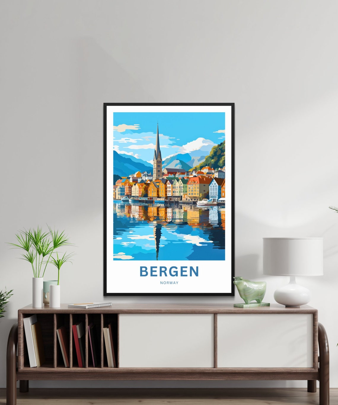 Bergen Norway Harbor Reflection Panorama Spire Mountain Travel Poster - Image 2