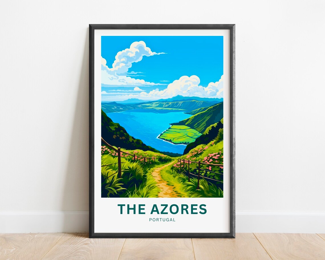 The Azores Portugal Wildflower Lake Trail View Travel Poster