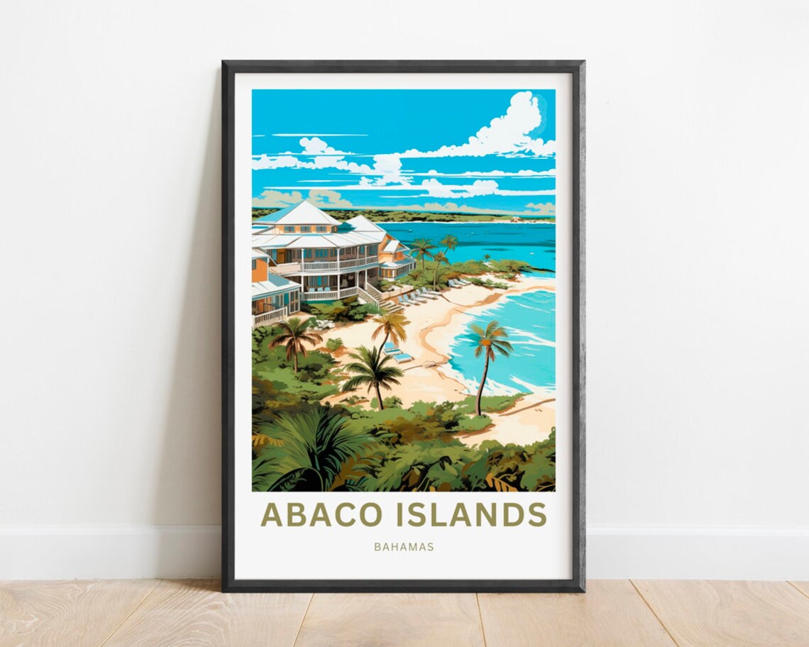 Abaco Islands Bahamas Beachfront Resort Palm Trees Travel Poster