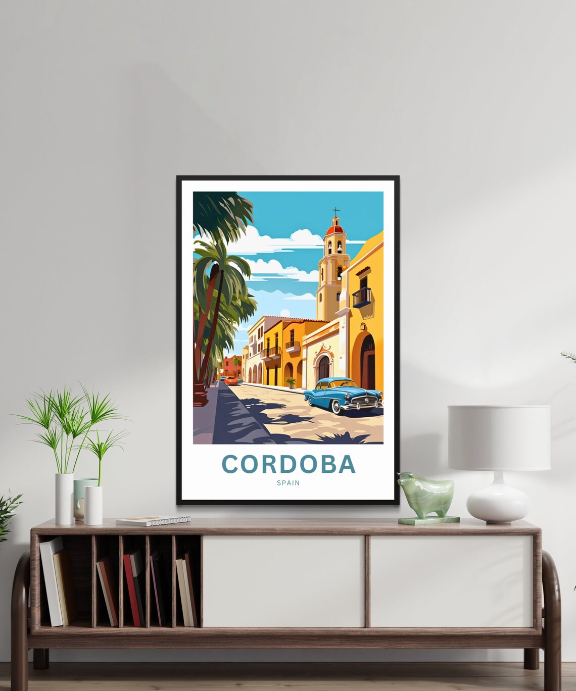 Cordoba Spain Church Street Blue Classic Car Custom Travel Poster - Image 2