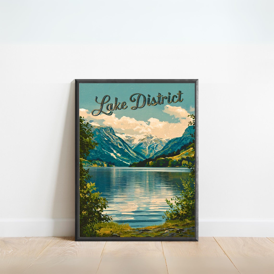 Lake District Vintage Poster Script Mountain Lake Shoreline View